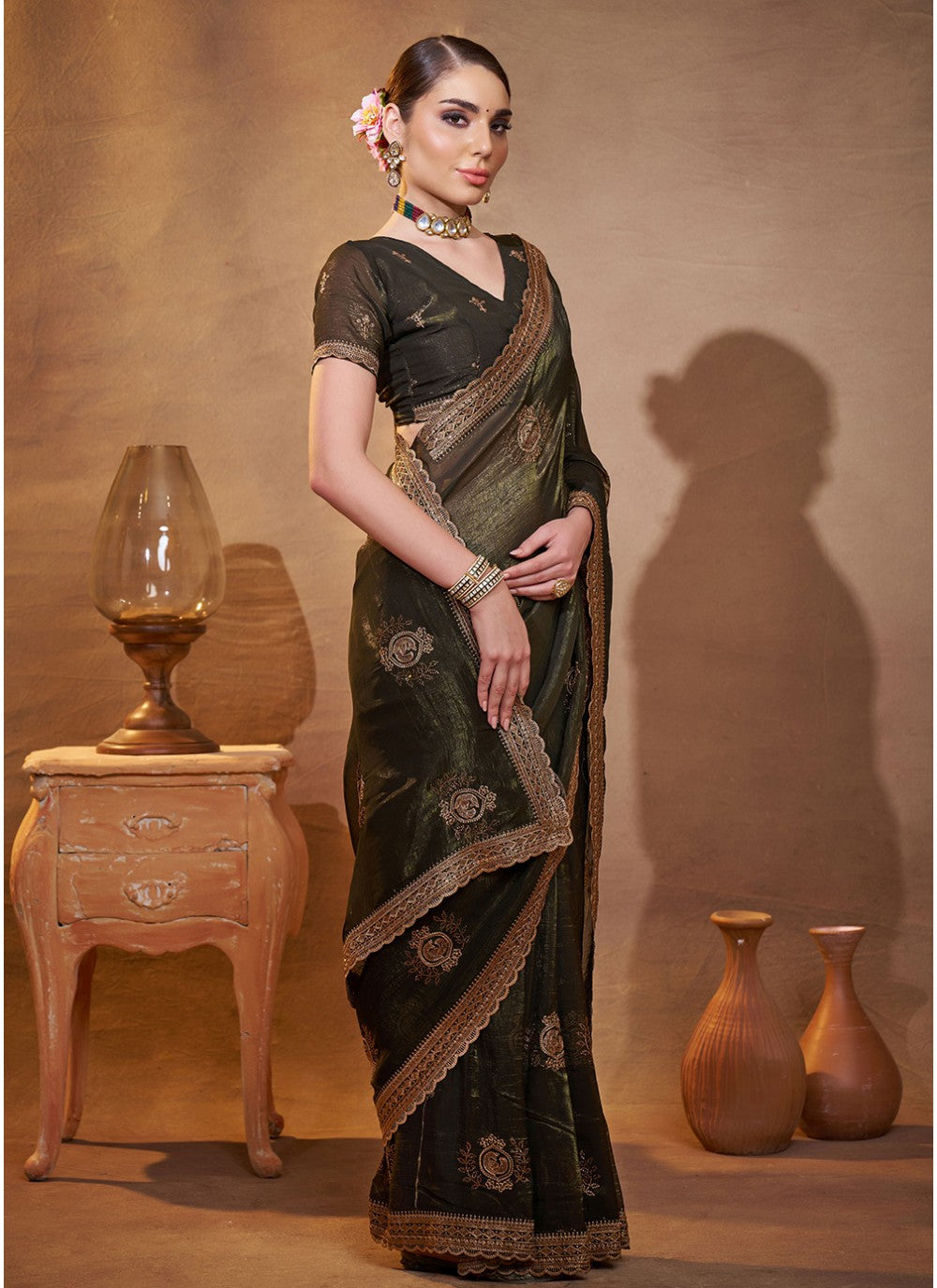 Embroidered Chiffon Green Saree S14477