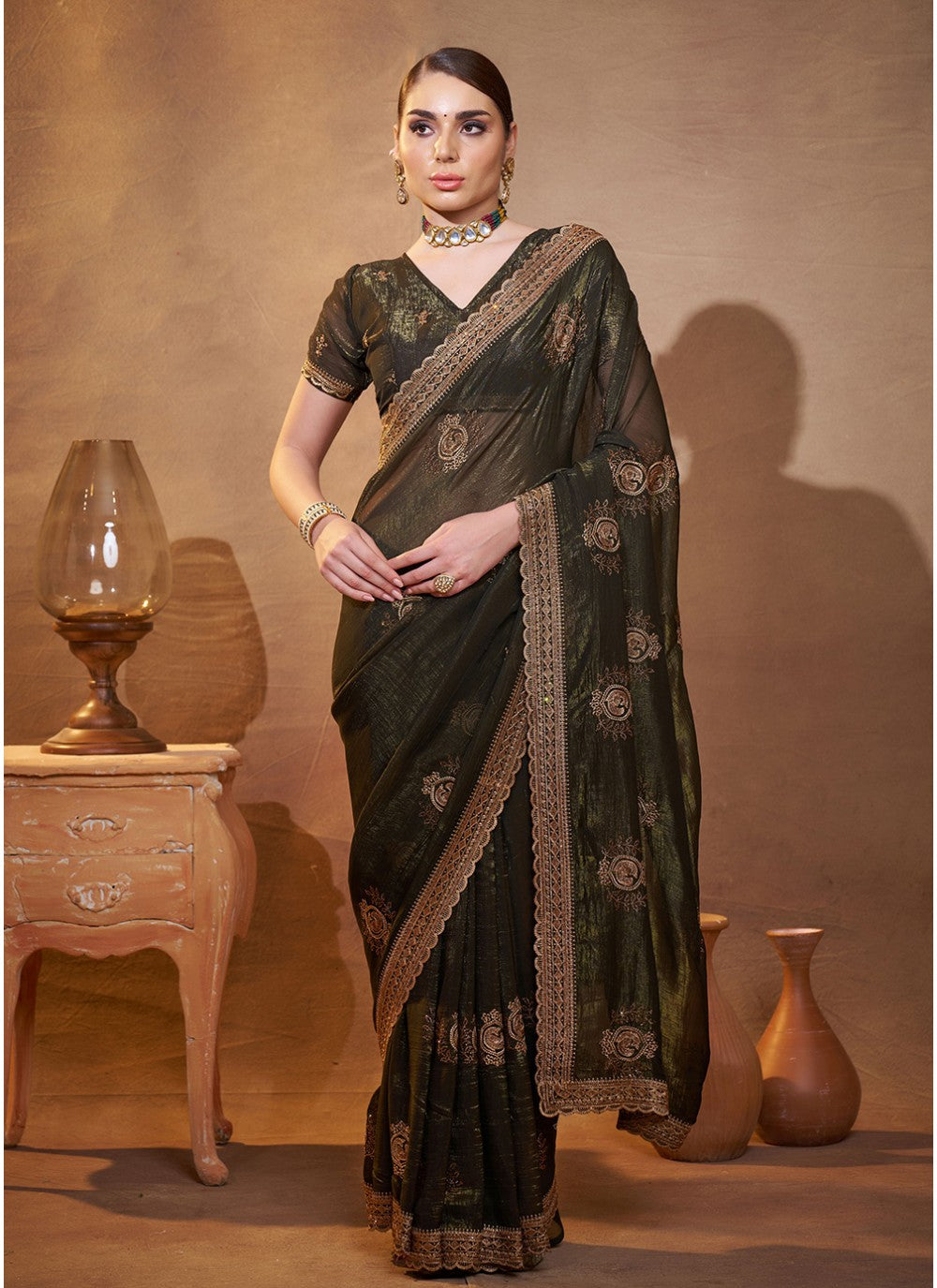 Embroidered Chiffon Green Saree S14477