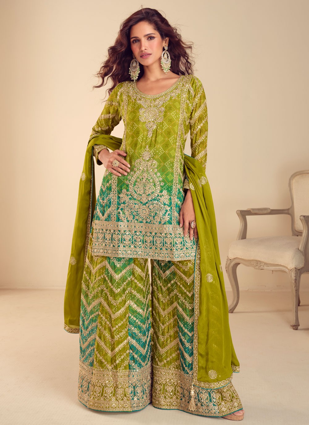 Palazzo Suit Embroidered, Sequins, Zari Green T8559