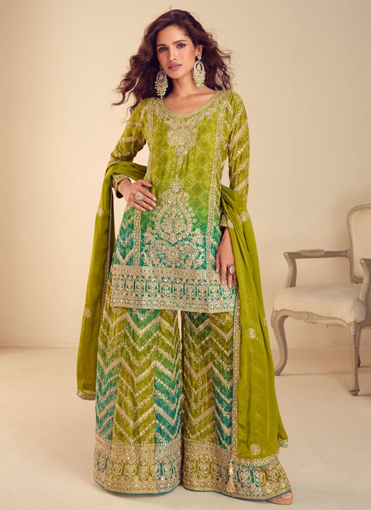 Palazzo Suit Embroidered, Sequins, Zari Green T8559
