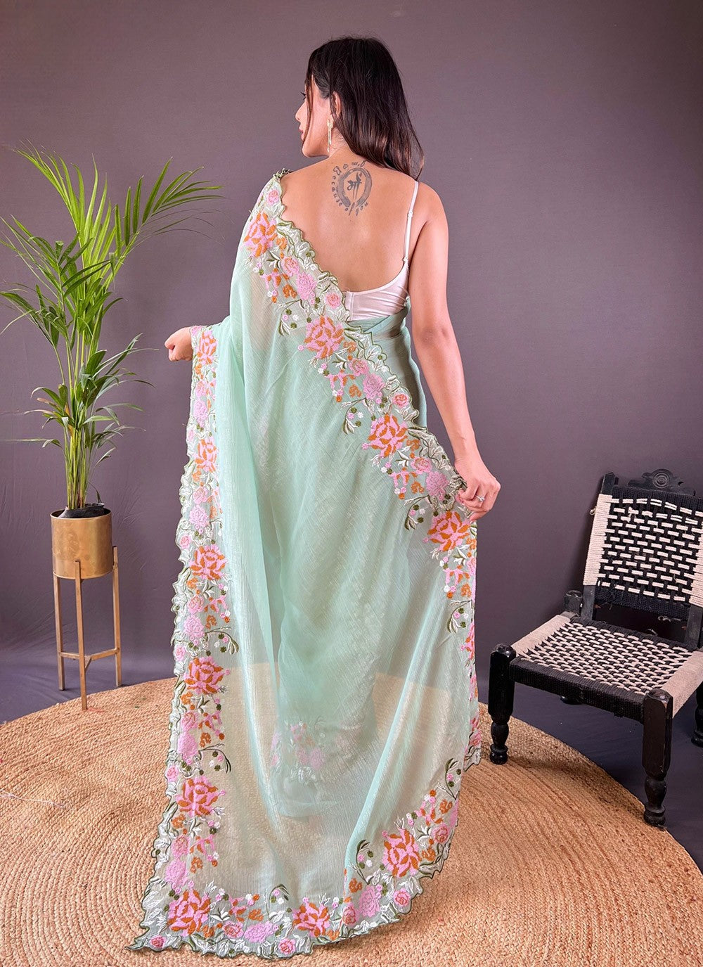Cut Work, Embroidered Silk Saree - S11759