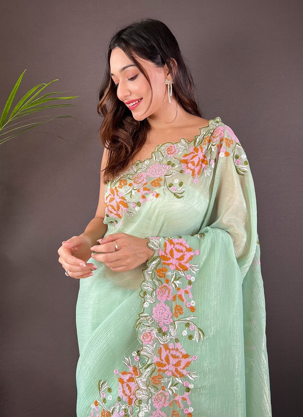 Cut Work, Embroidered Silk Saree - S11759