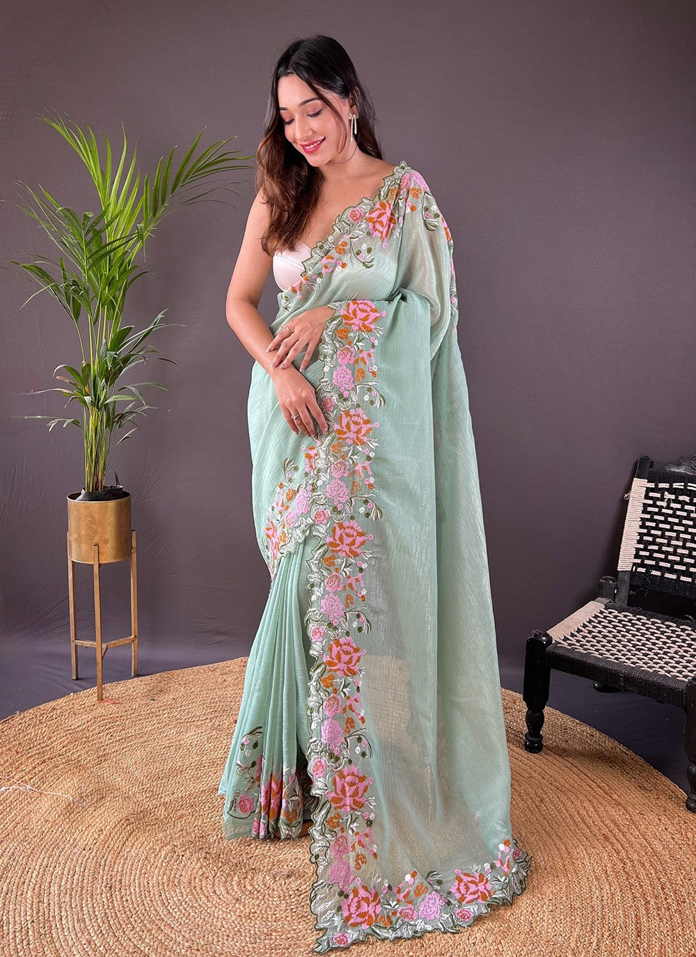 Cut Work, Embroidered Silk Saree - S11759