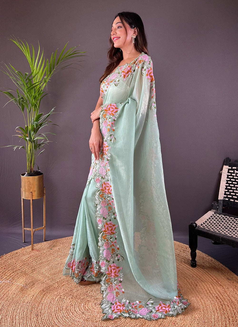 Cut Work, Embroidered Silk Saree - S11759
