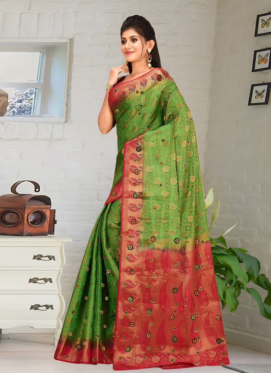 Hand Embroidery Kanjivaram Silk Green Saree S13776