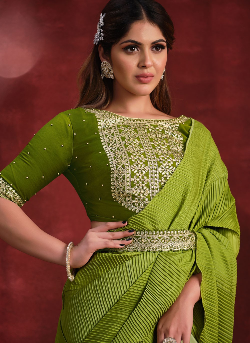 Embroidered Crepe Silk Green Classic Saree S15335