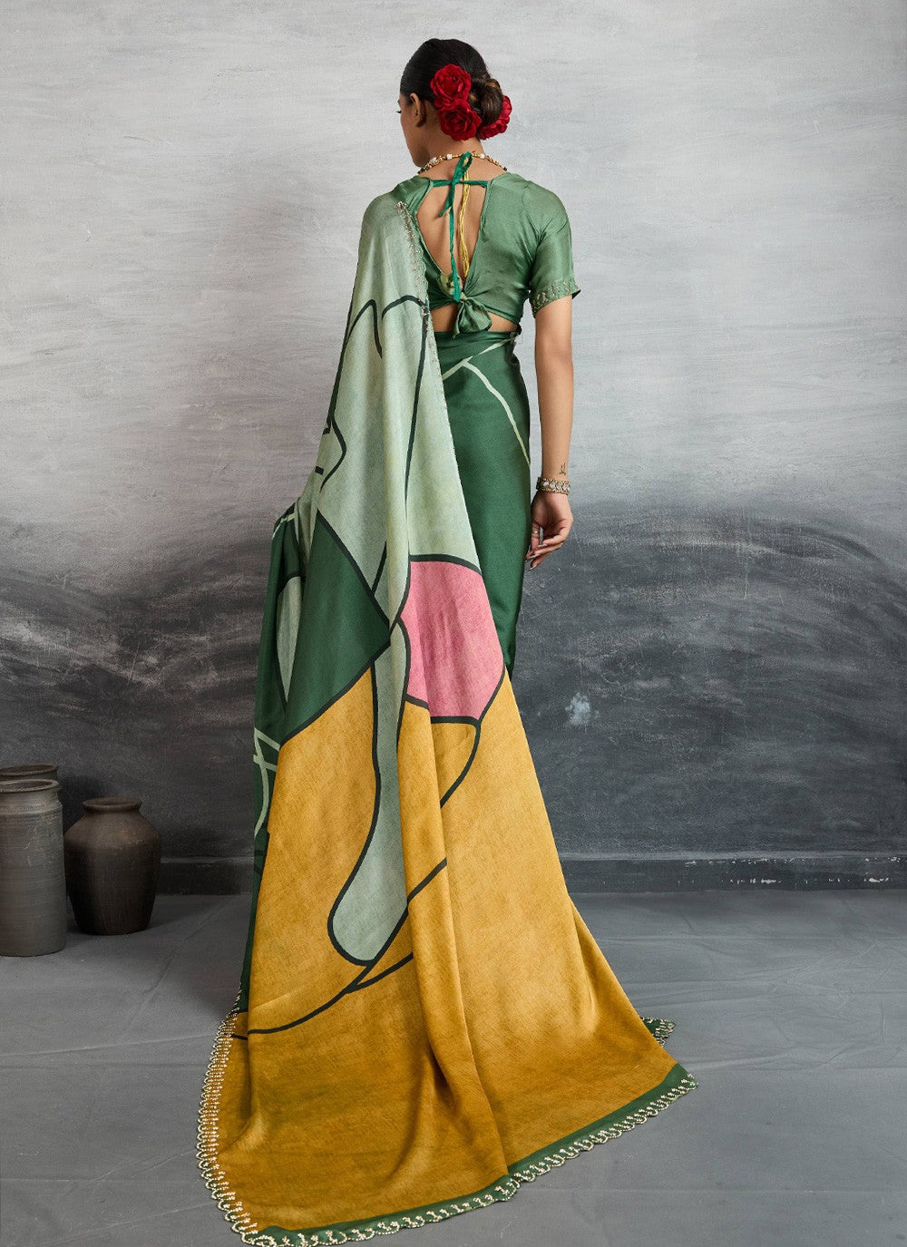 Green Satin Silk Classic Saree Digital Print S18243