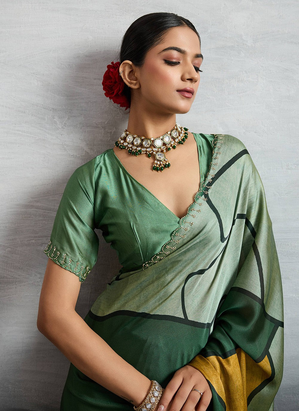 Green Satin Silk Classic Saree Digital Print S18243