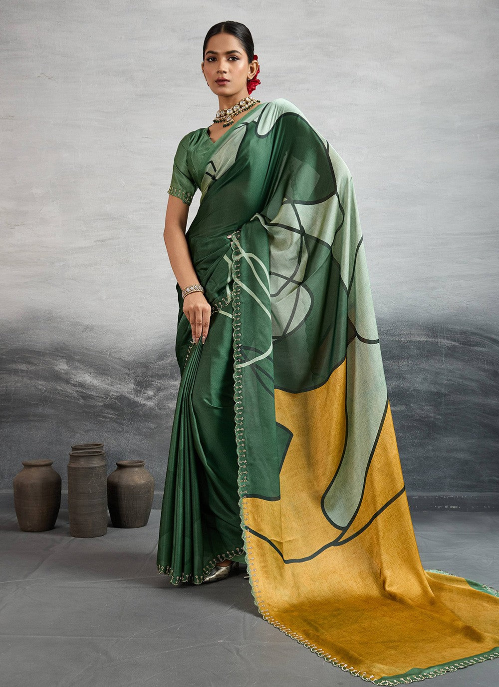 Green Satin Silk Classic Saree Digital Print S18243