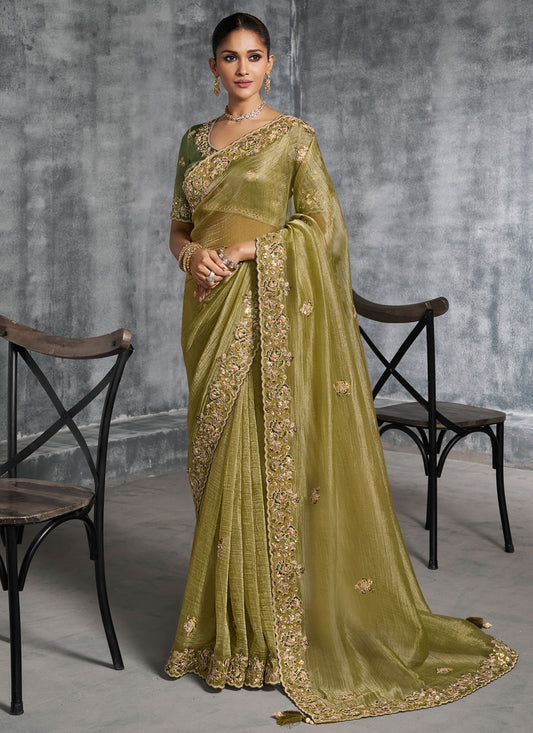 Green Tissue Classic Saree Embroidered, Resham, Thread S19889