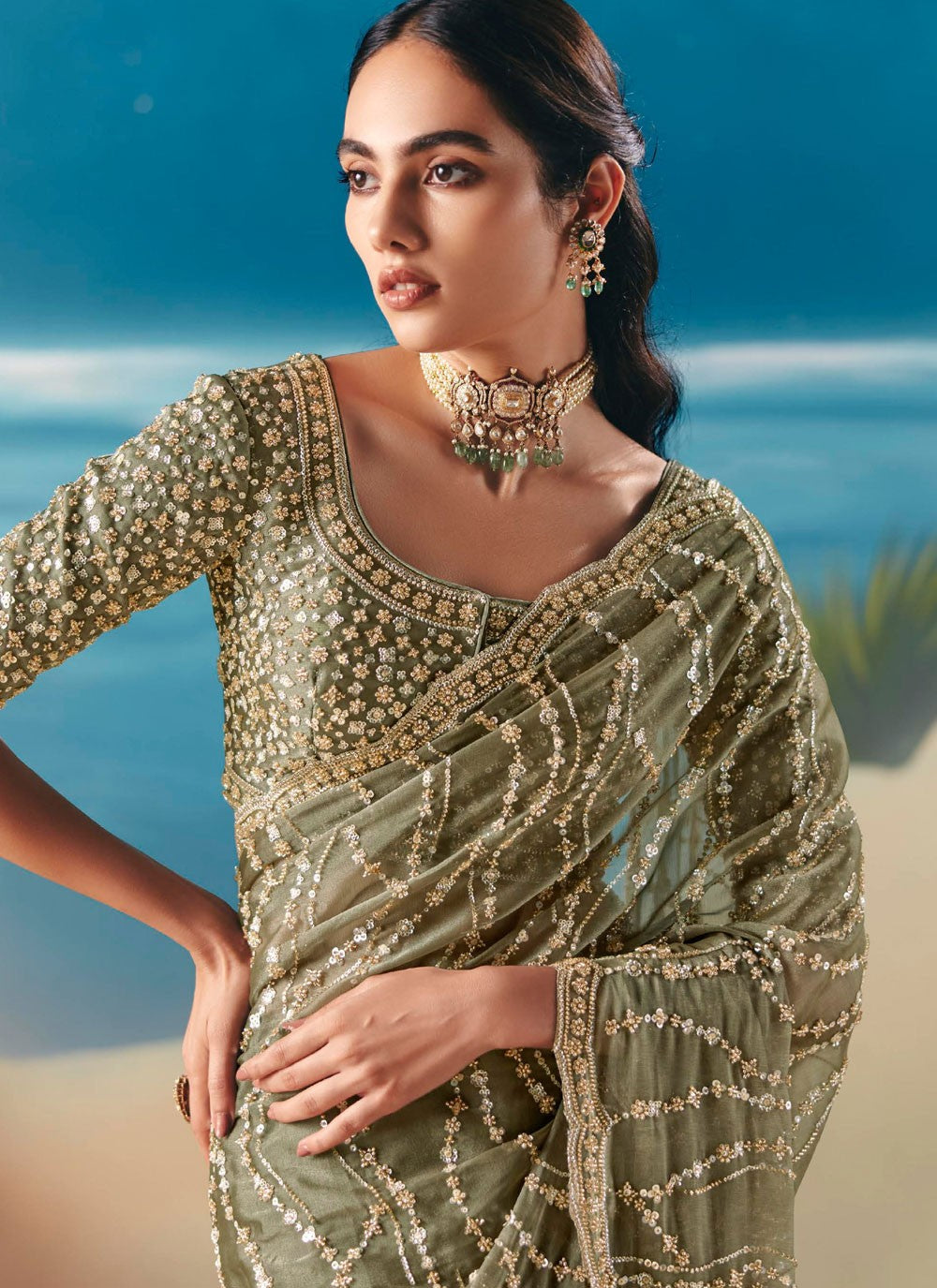 Green Fancy Fabric Classic Saree Embroidered, Sequins S20196