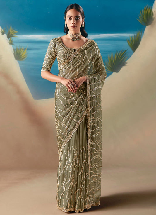 Green Fancy Fabric Classic Saree Embroidered, Sequins S20196