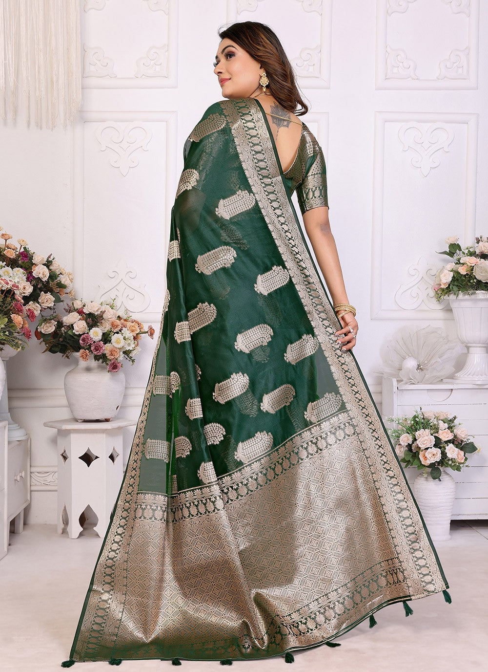 Weaving Zari Organza Green Saree S14357