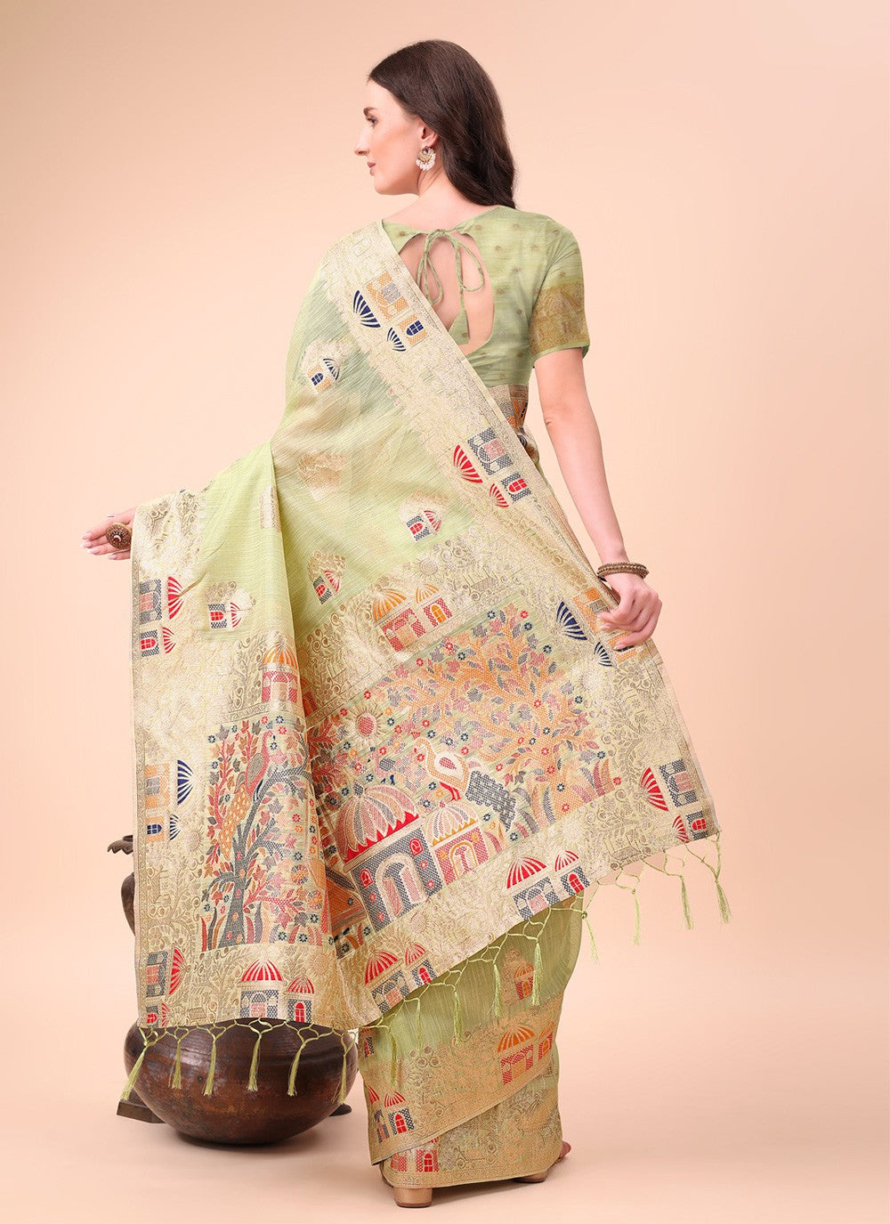 Weaving Zari Cotton Green Classic Saree S15112