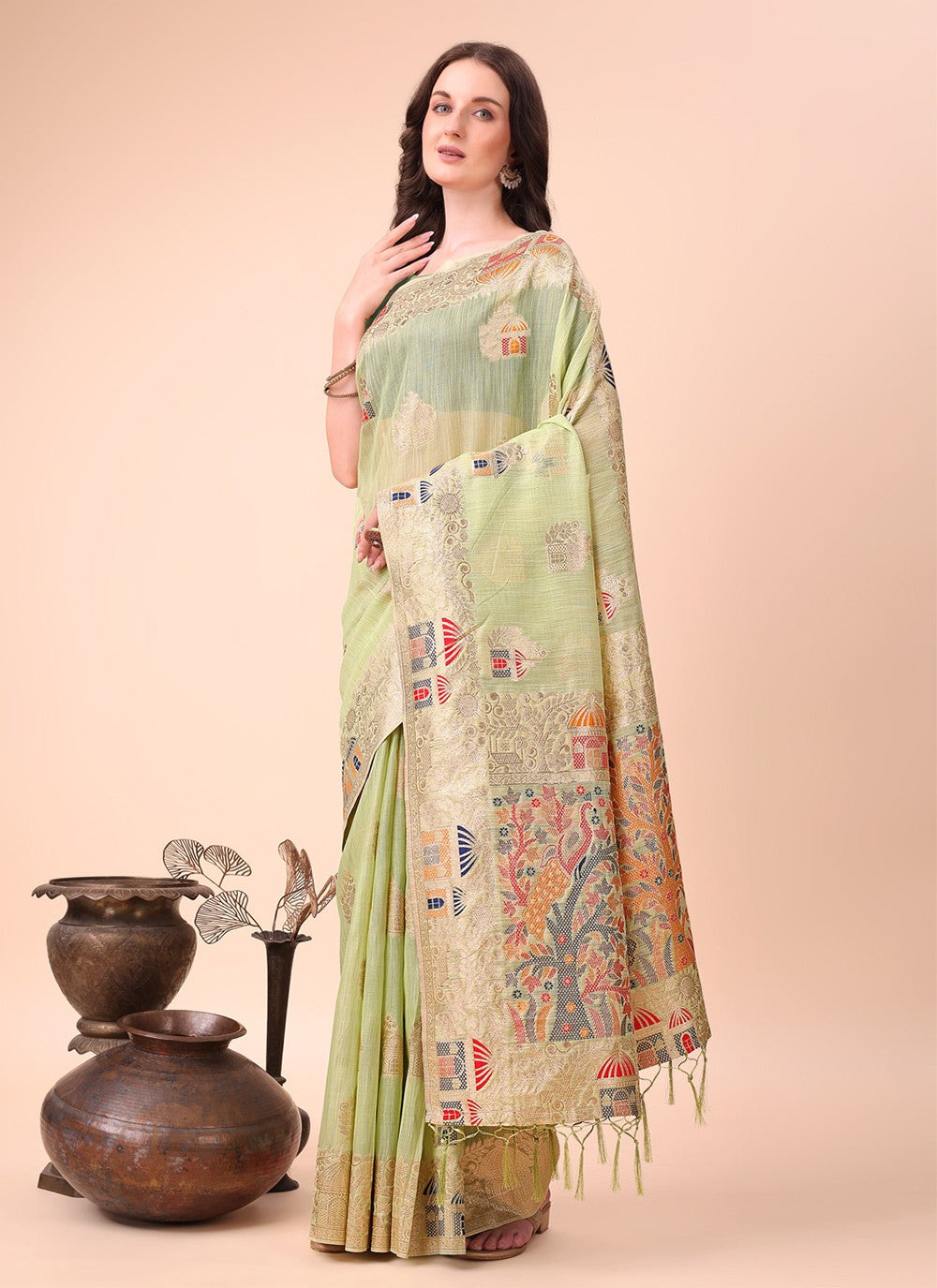 Weaving Zari Cotton Green Classic Saree S15112