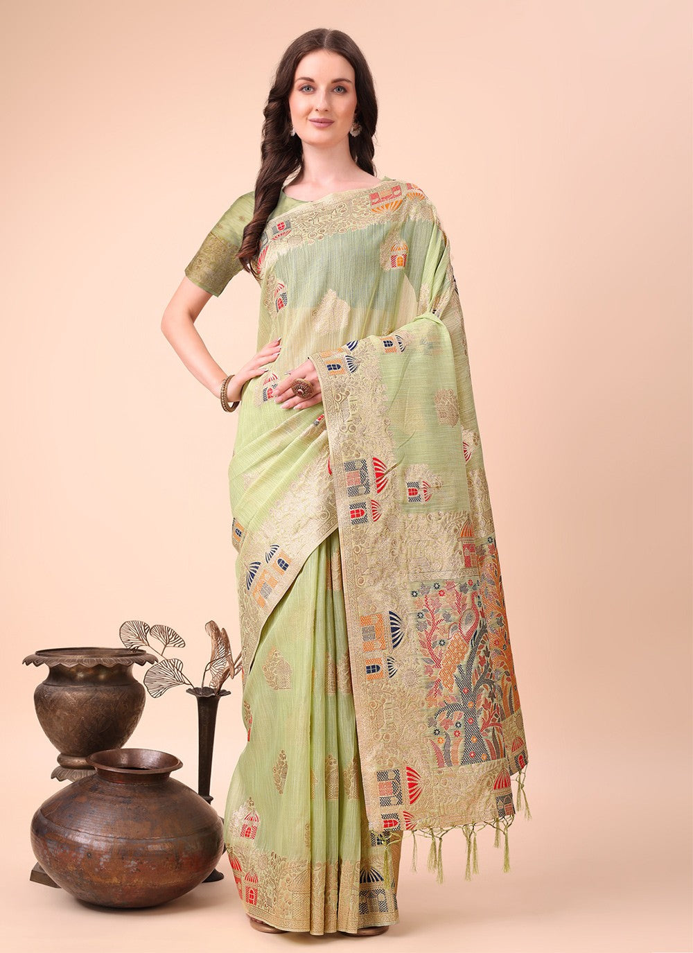 Weaving Zari Cotton Green Classic Saree S15112