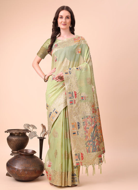 Weaving Zari Cotton Green Classic Saree S15112