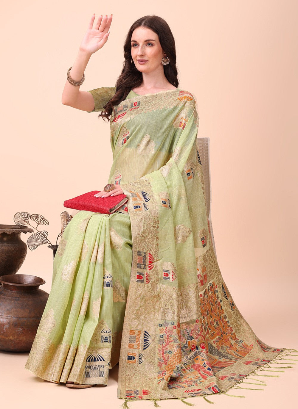 Weaving Zari Cotton Green Classic Saree S15112