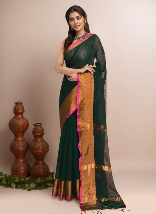 Green Blended Cotton Classic Saree Border Work S19995