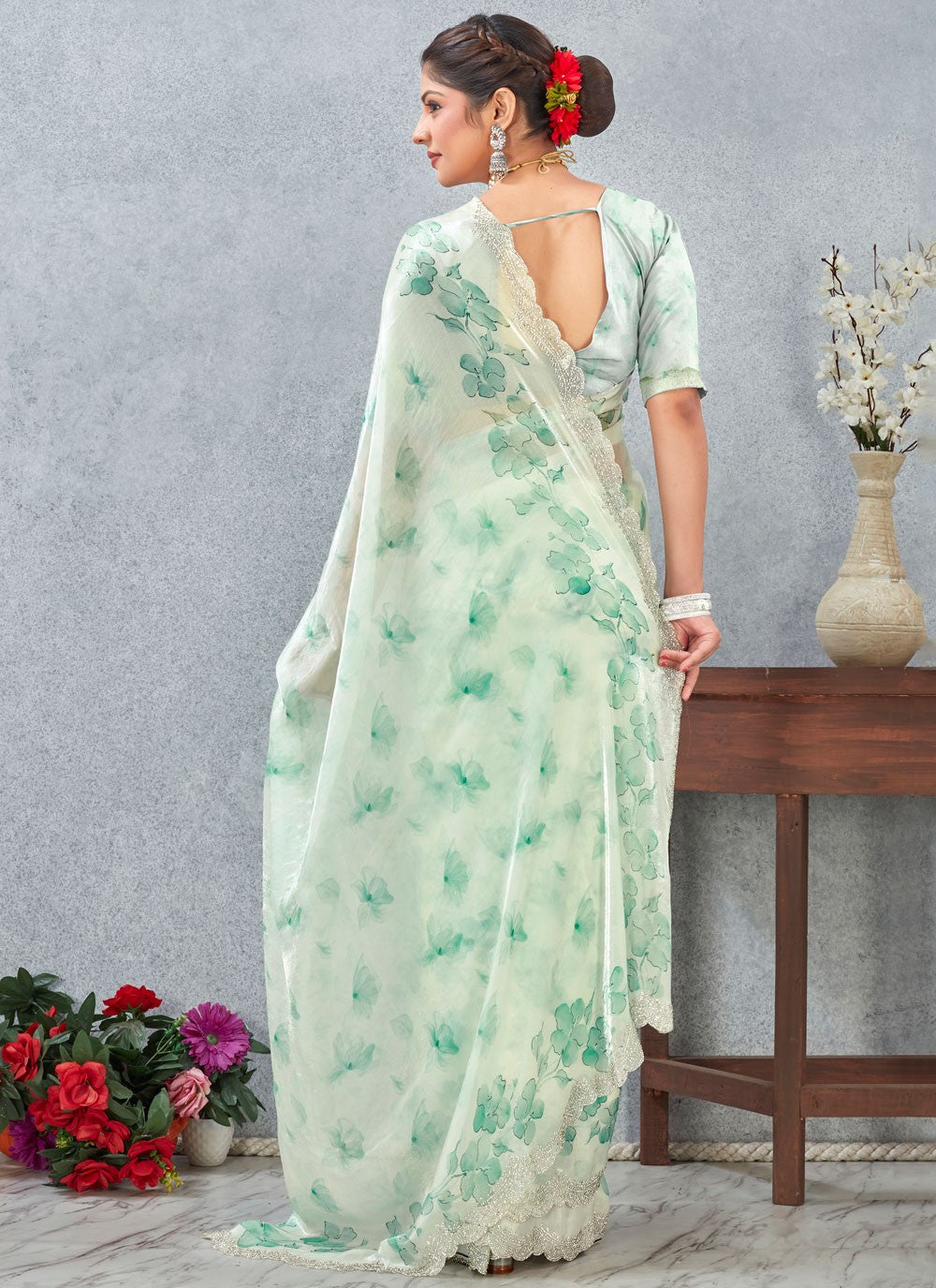 Green Satin Contemporary Saree Digital Print S20255
