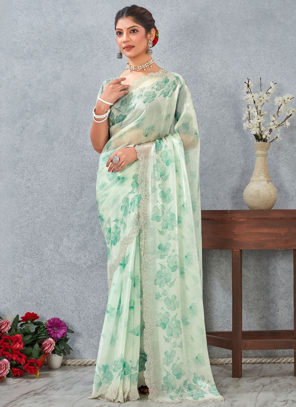 Green Satin Contemporary Saree Digital Print S20255