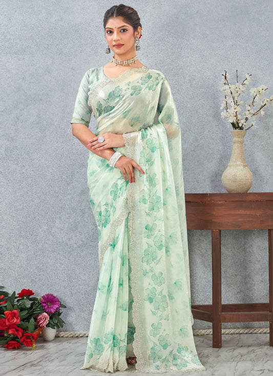 Green Satin Contemporary Saree Digital Print S20255