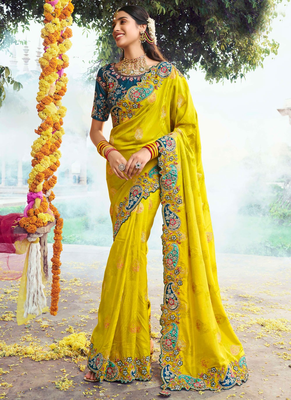 Cut Work Silk Green Designer Saree S15349