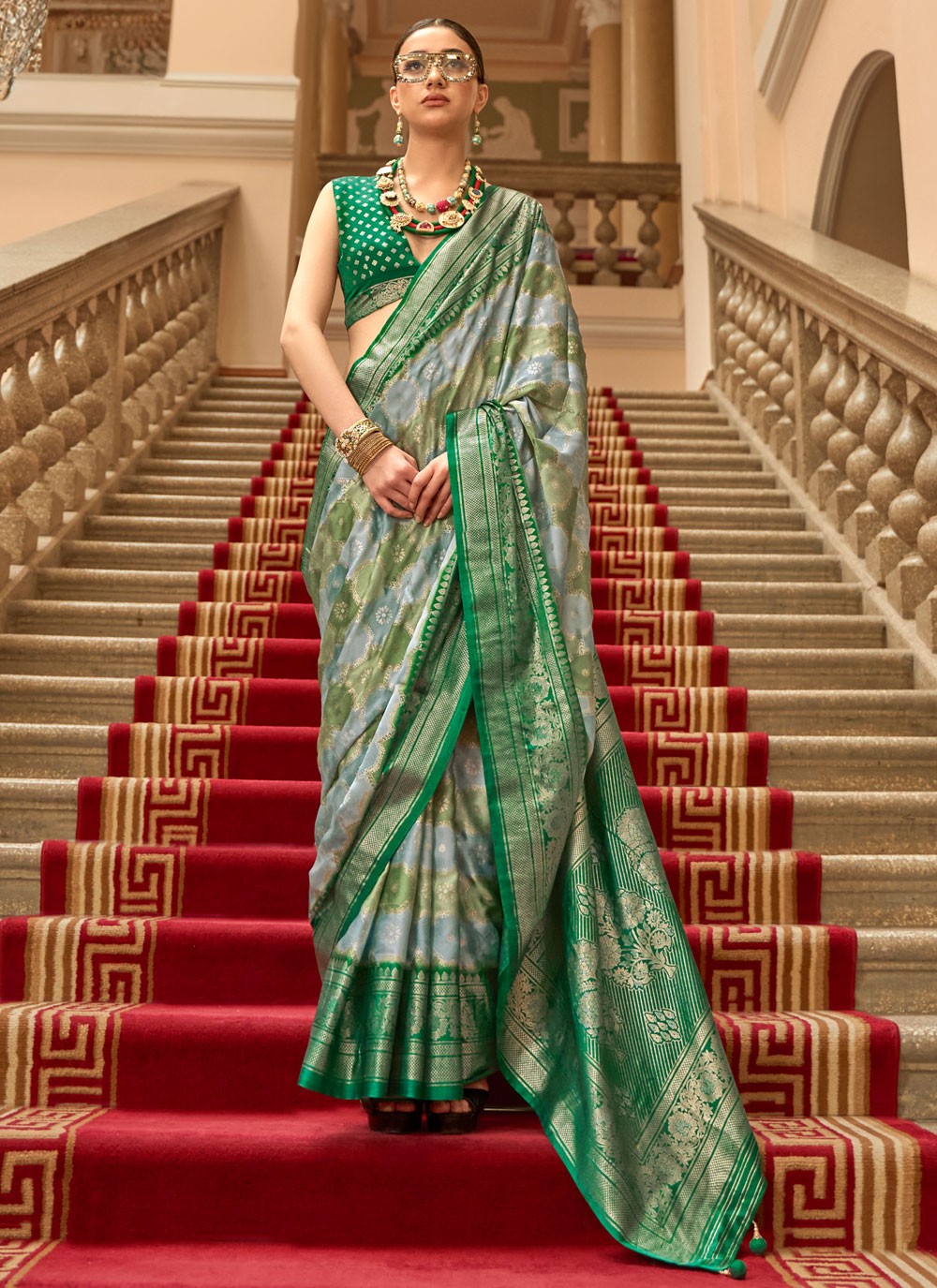 Green Satin Designer Saree Printed, Weaving Zari S18287