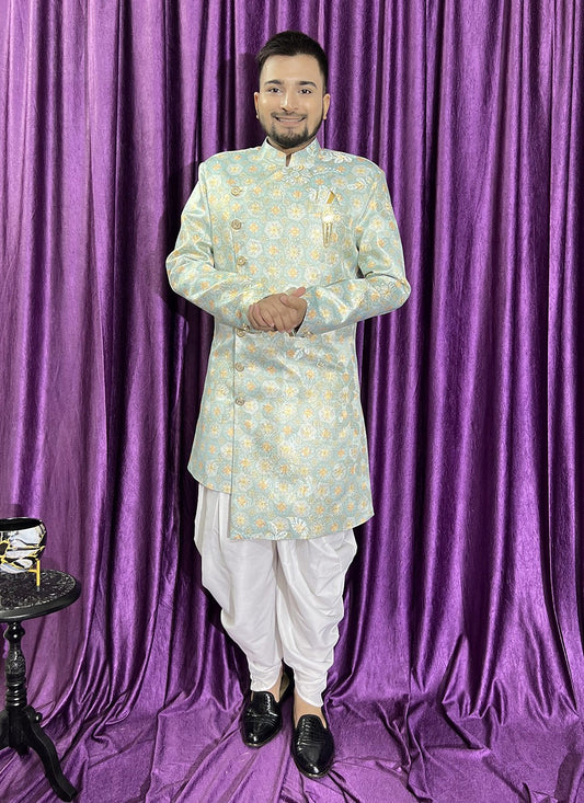 Fancy Work Jacquard Green Indo Western - M5678