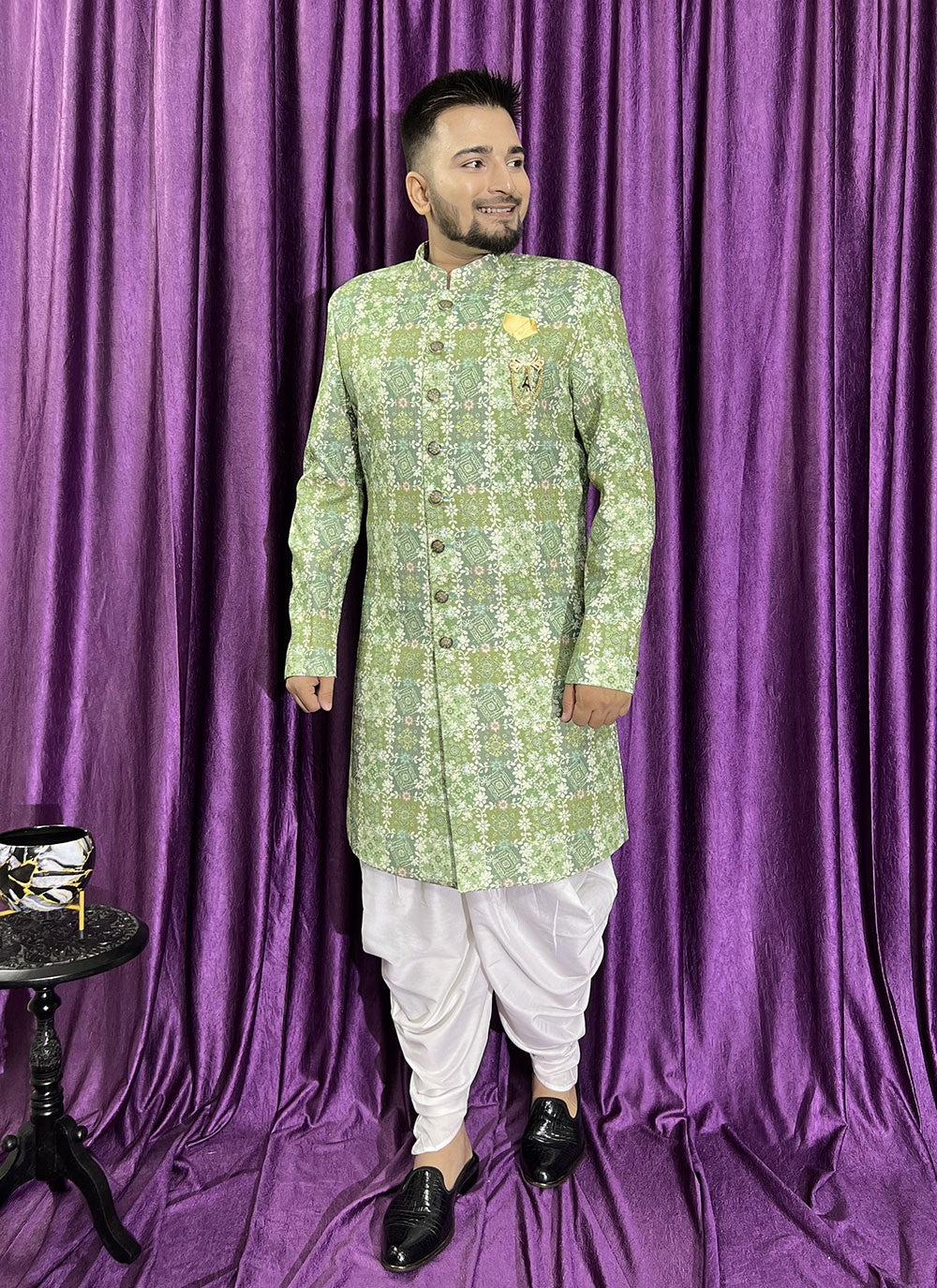 Embroidered Cotton Green Indo Western - M5683