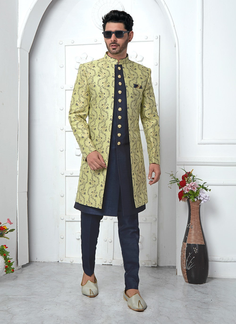 Fancy Work Jacquard Silk Green Indo Western - M6613