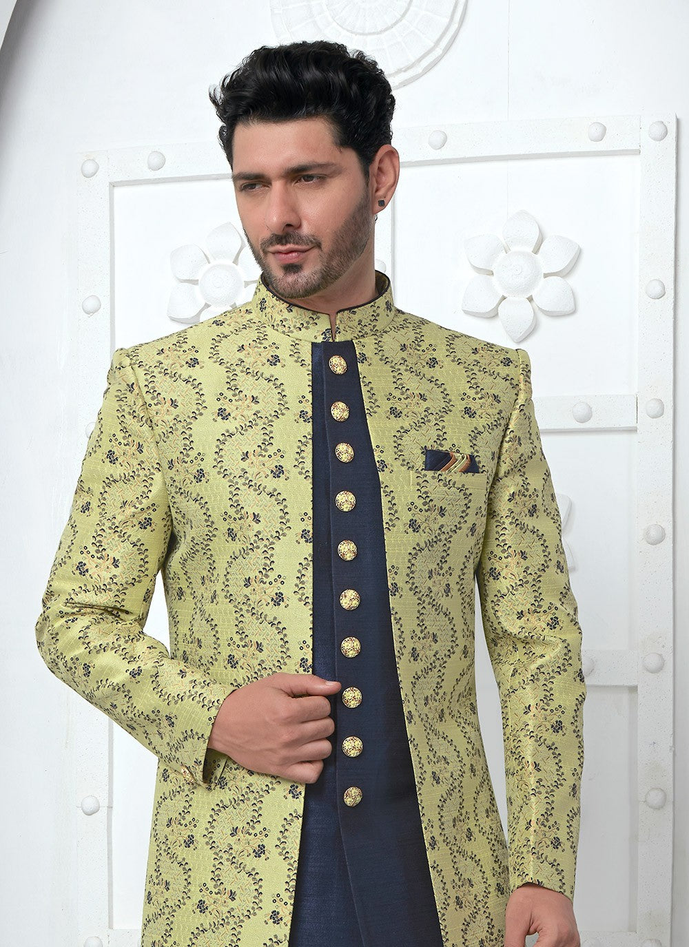 Fancy Work Jacquard Silk Green Indo Western - M6613
