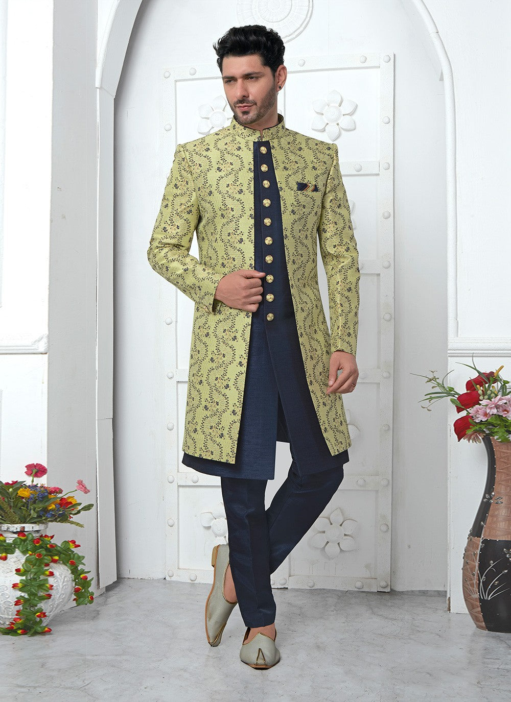 Fancy Work Jacquard Silk Green Indo Western - M6613