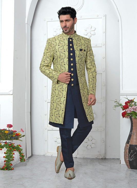 Fancy Work Jacquard Silk Green Indo Western - M6613