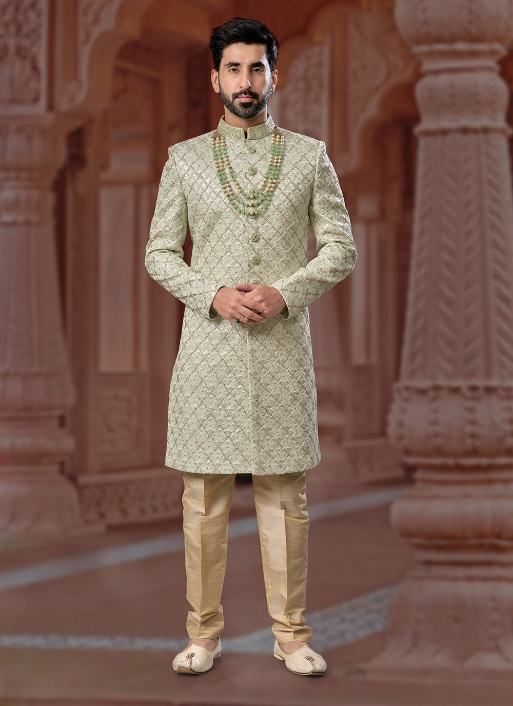Hand Embroidery Jacquard Green Indo Western Sherwani - M7147