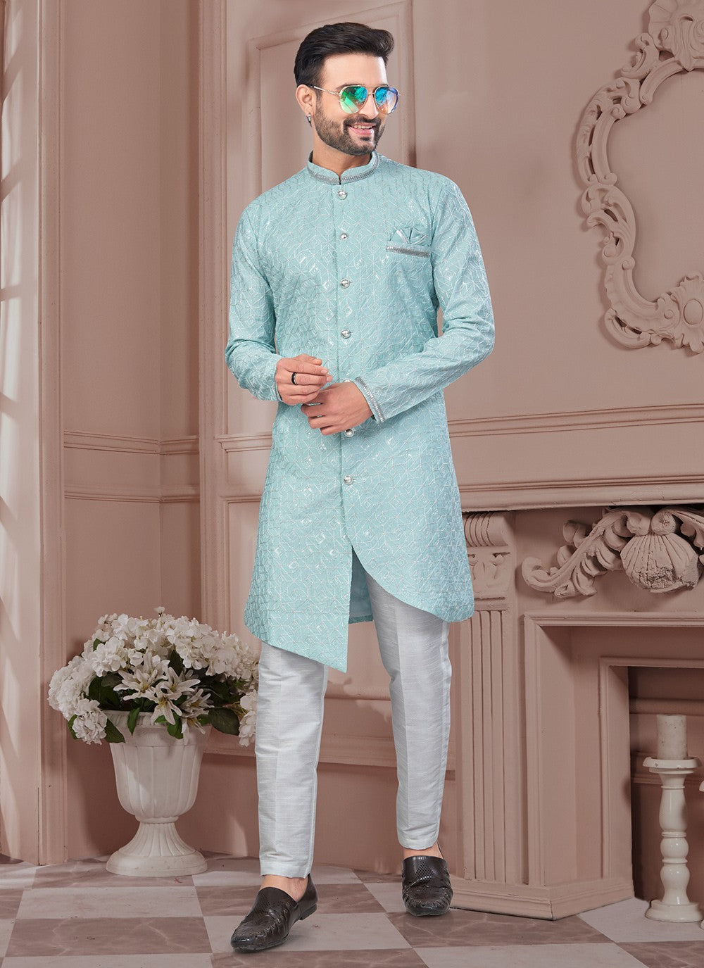 Buttons Silk Green Indo Western Sherwani - M8625