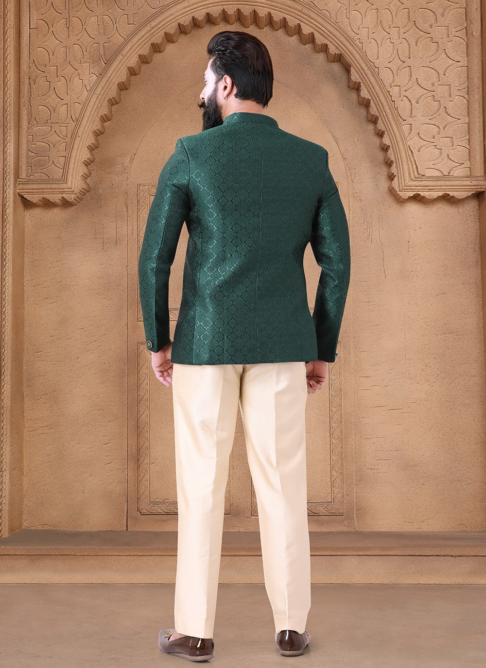 Printed Jacquard Green Jodhpuri Suit - M7631