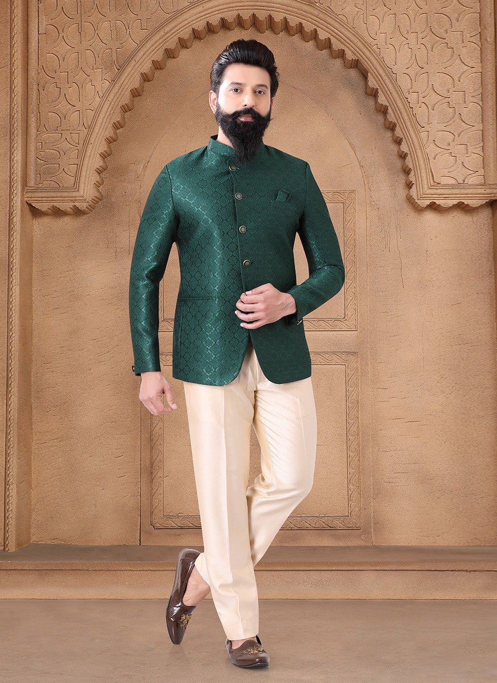 Printed Jacquard Green Jodhpuri Suit - M7631