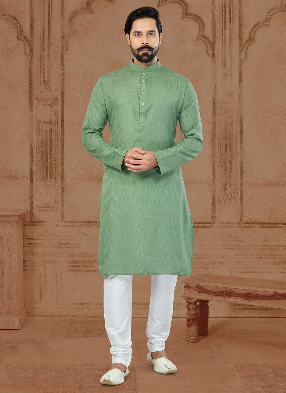 Fancy Work Silk Green Kurta - M5765