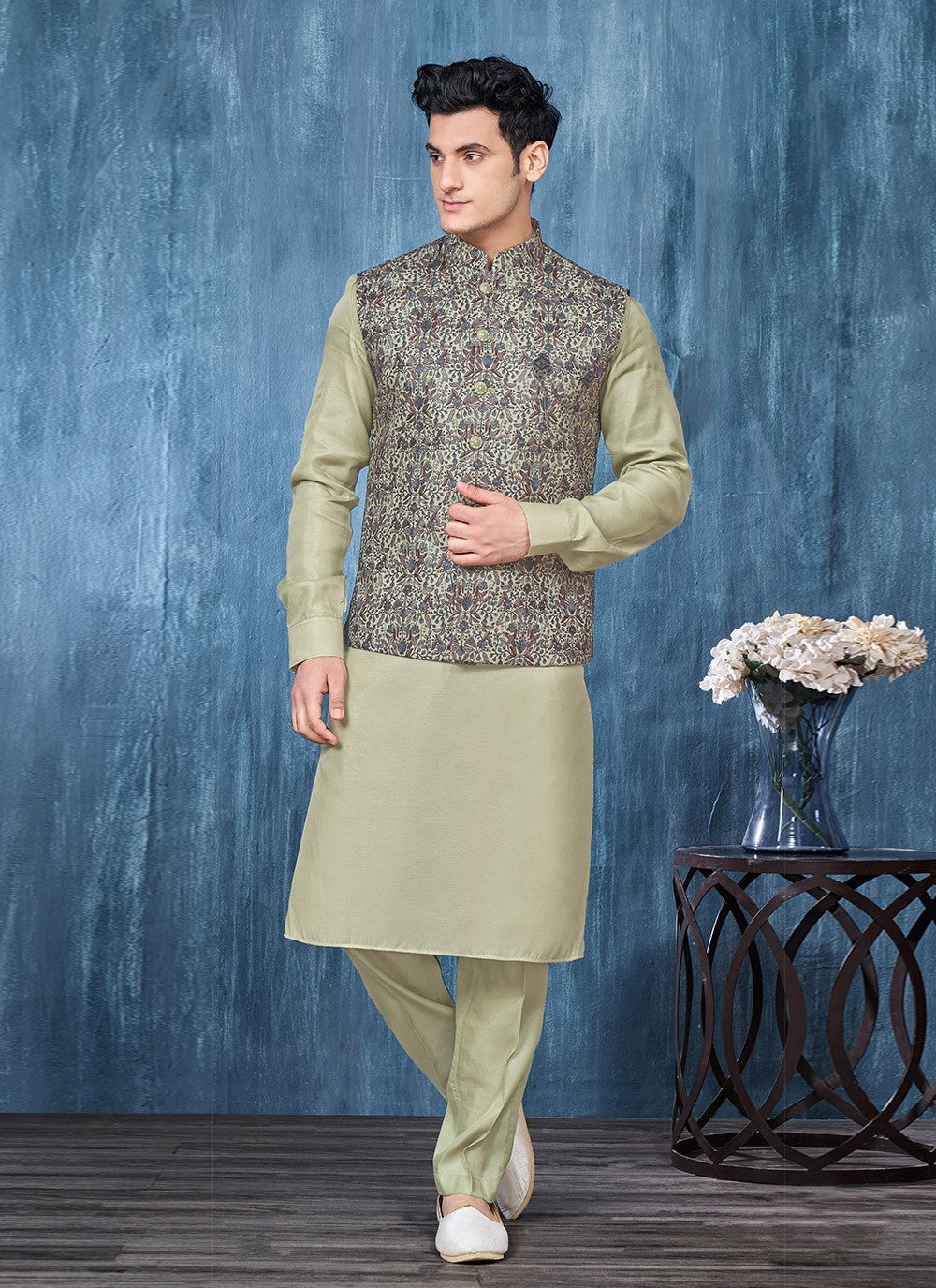 Embroidered Banarasi Silk Green Kurta Payjama With Jacket - M6320