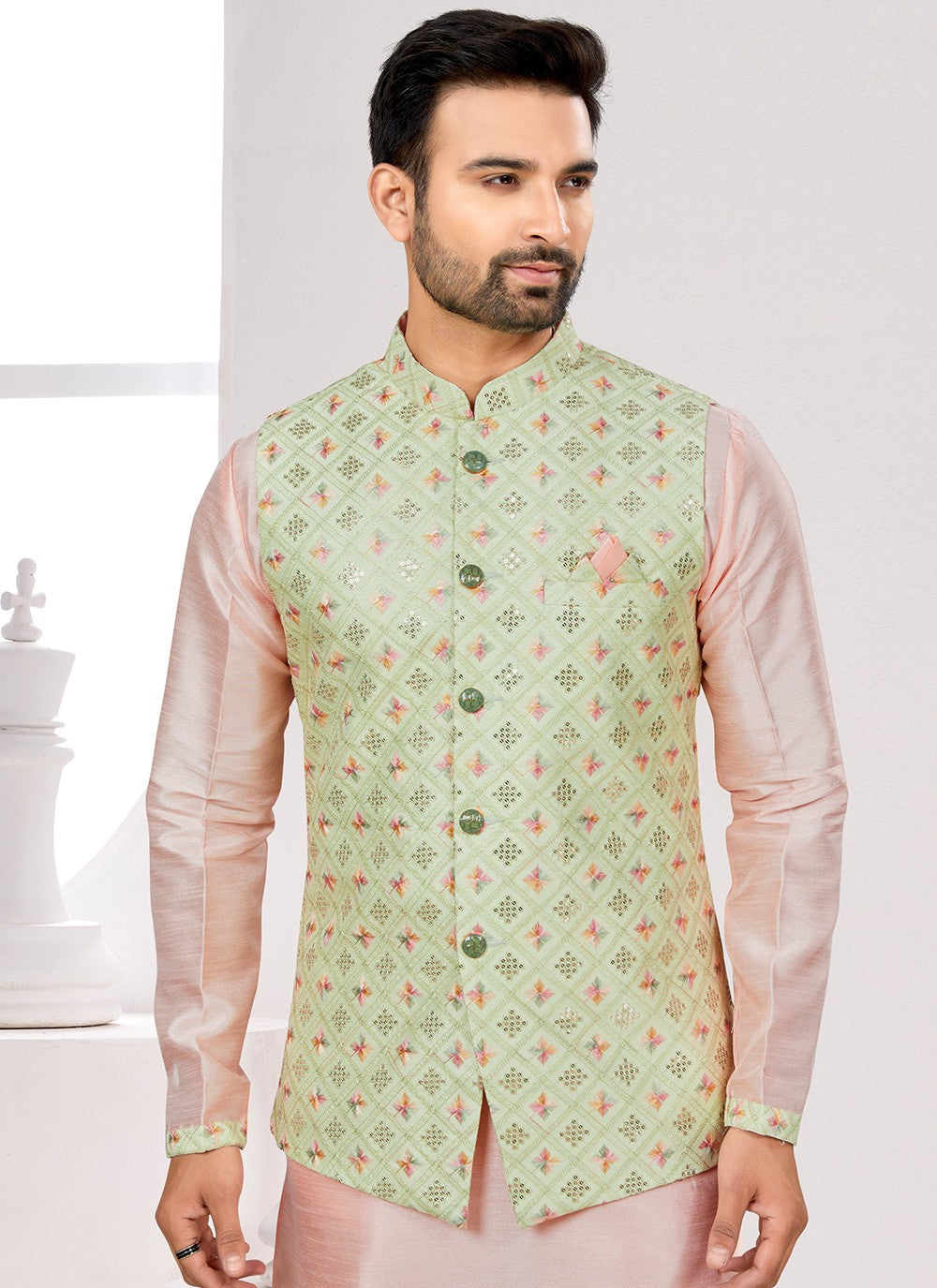 Thread Jacquard Green Kurta Payjama With Jacket - M6713