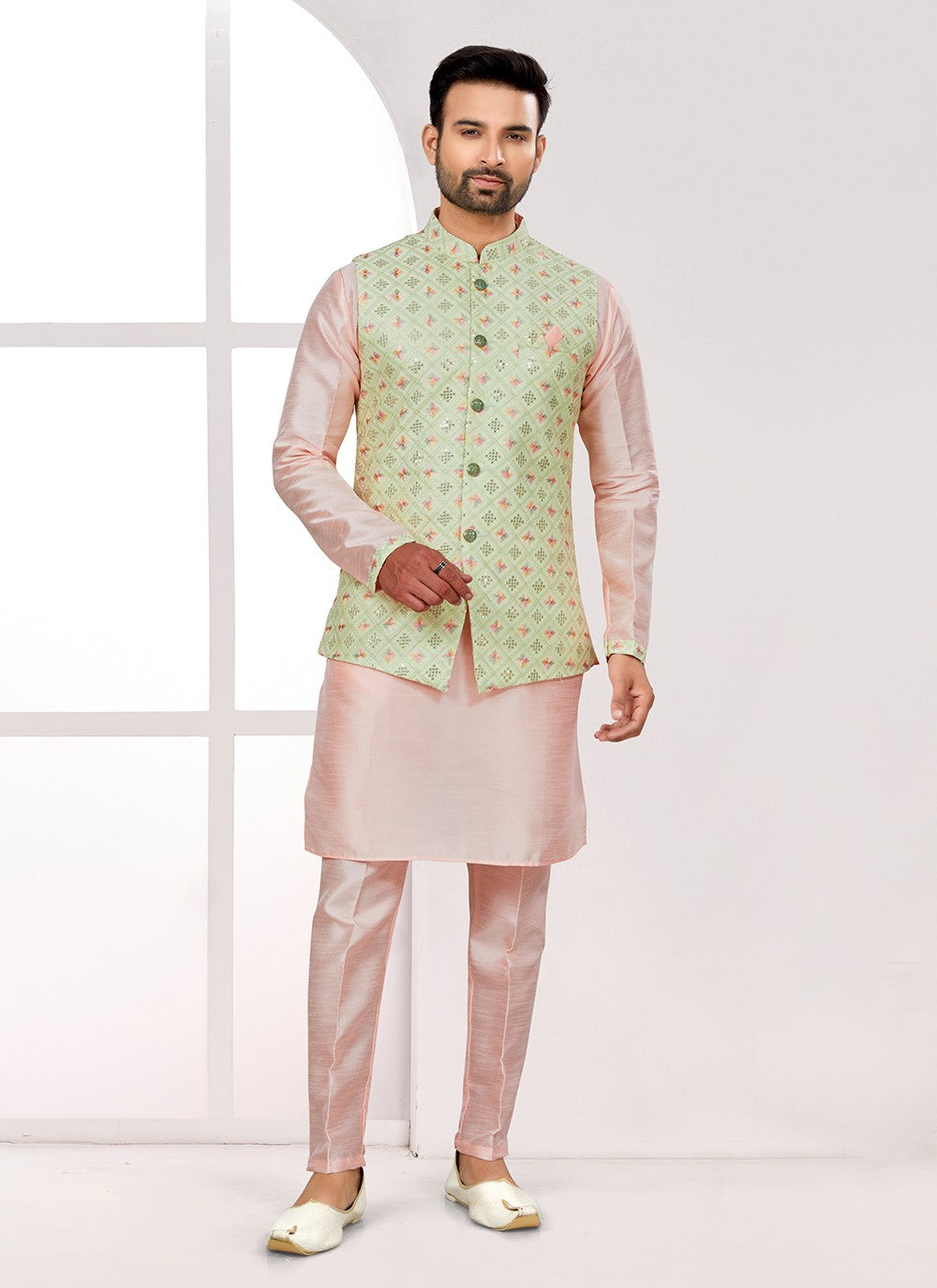 Thread Jacquard Green Kurta Payjama With Jacket - M6713