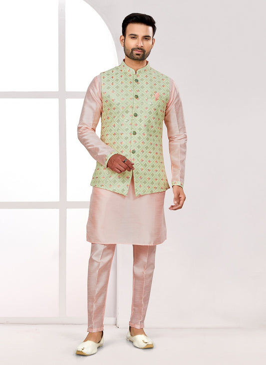 Thread Jacquard Green Kurta Payjama With Jacket - M6713