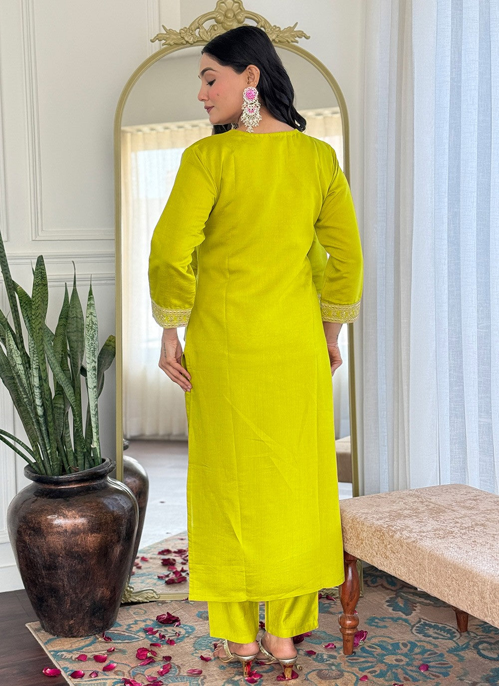 Embroidered Chanderi Green Pant Style Suit T6293