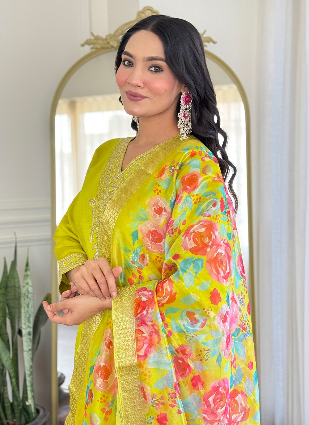 Embroidered Chanderi Green Pant Style Suit T6293
