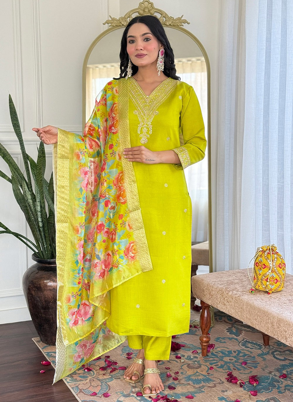 Embroidered Chanderi Green Pant Style Suit T6293