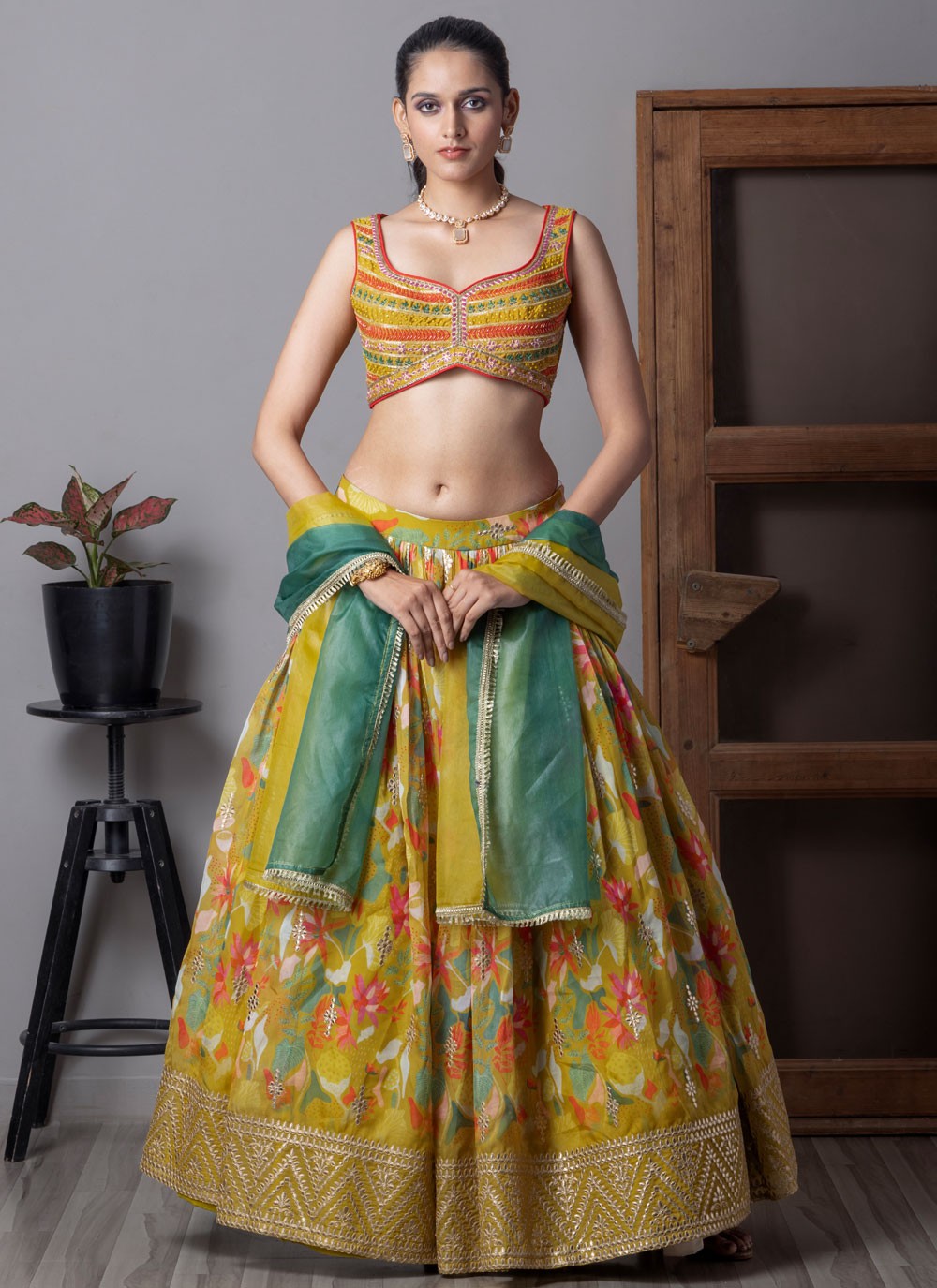 Embroidered Organza Green Lehenga Choli L3729