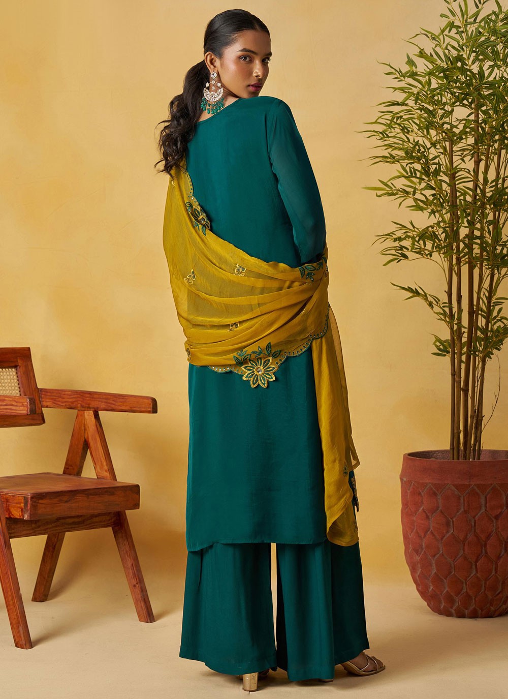 Palazzo Suit Embroidered Green T8890