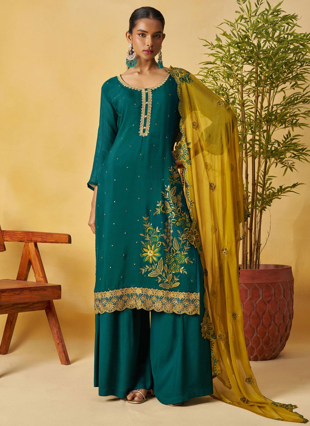 Palazzo Suit Embroidered Green T8890