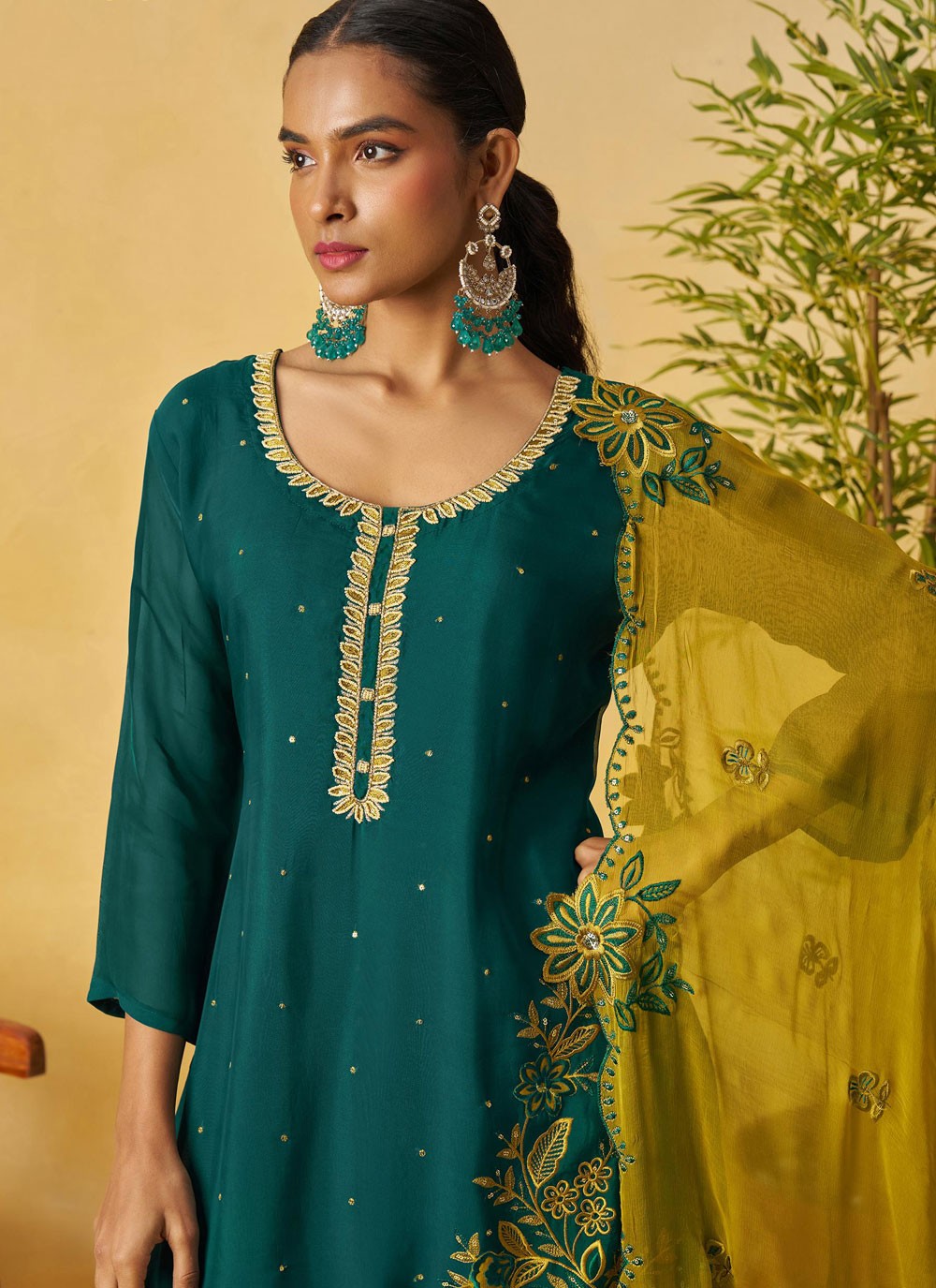 Palazzo Suit Embroidered Green T8890